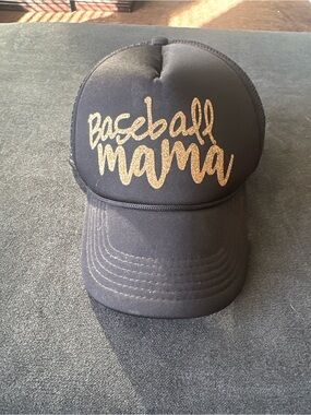 Baseball Mama Glitter Script Trucker Hat - Black with Gold